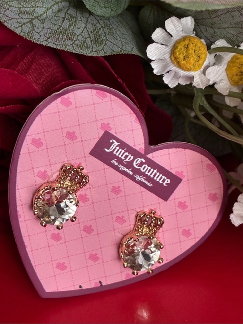Juicy Couture Gold-Tone Crown Crystal Stud Earrings with Pink Card